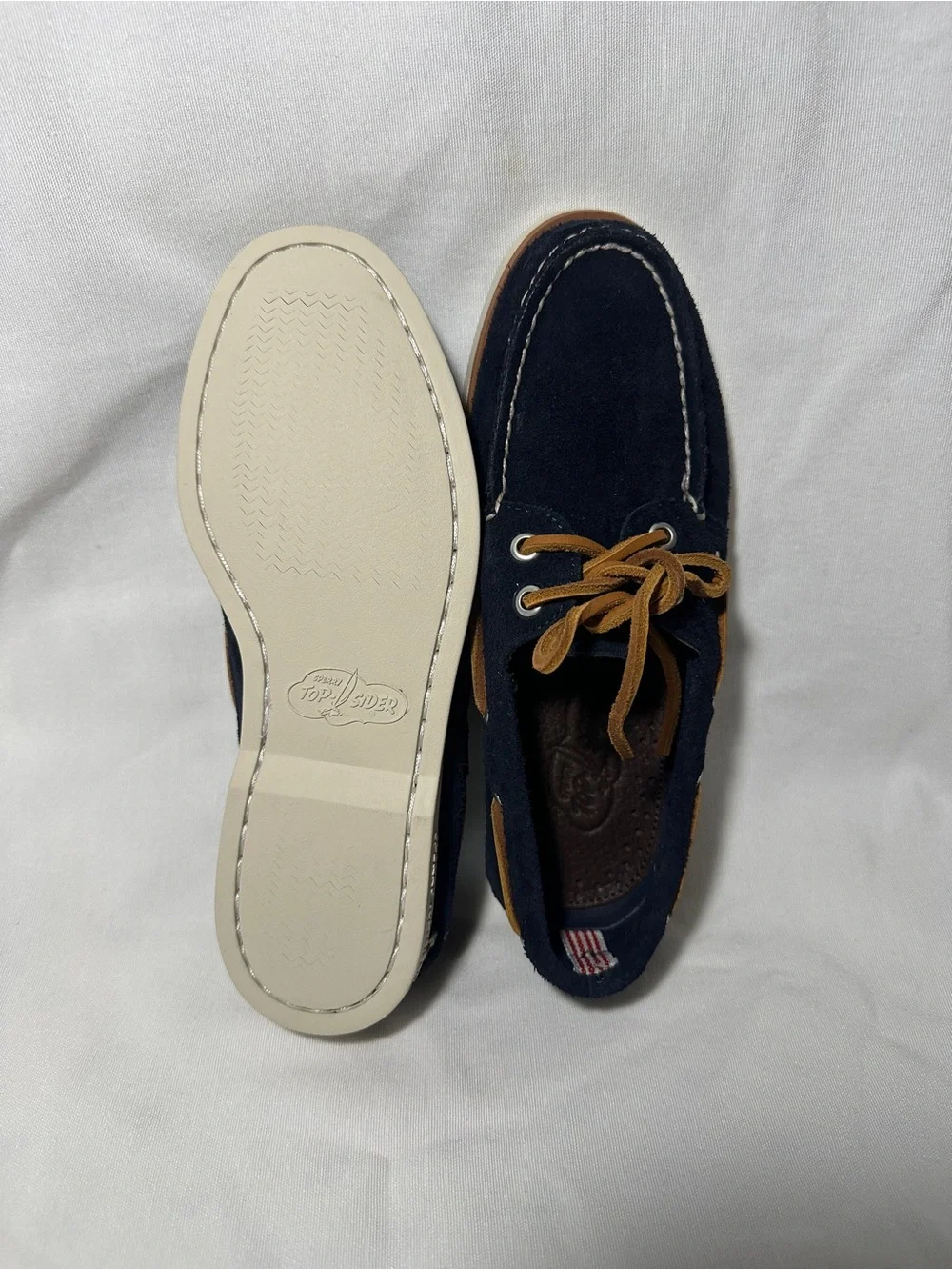 Sperry Navy Suede Boat Shoes with Tan Laces
